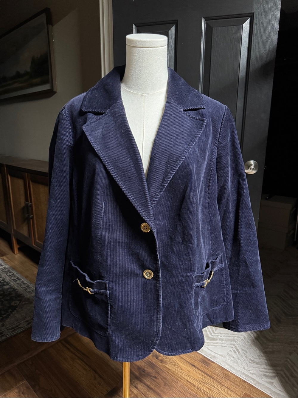 {Talbots} Petite Navy Blue Corduroy Gold Horsebit Hardware Suit Coat Blazer WBZ1